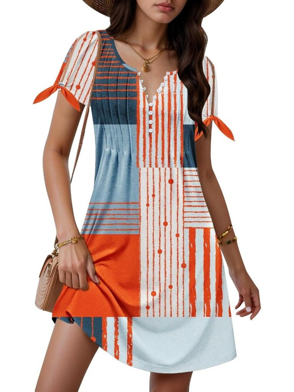 Women's Striped Plaid Red Short Sleeve Summer Neck Button Down Boho Mini Dress